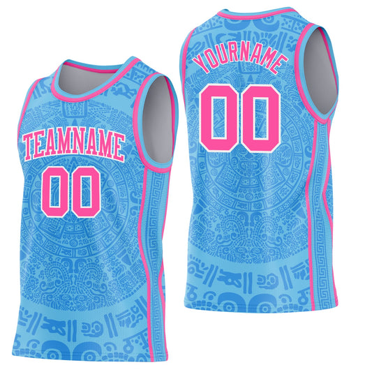 Custom Sky Blue Pink-White Tribal Ethnic Aztec Sun Stone Side Panel Stripe Round Neck Sublimation Basketball Set Jersey