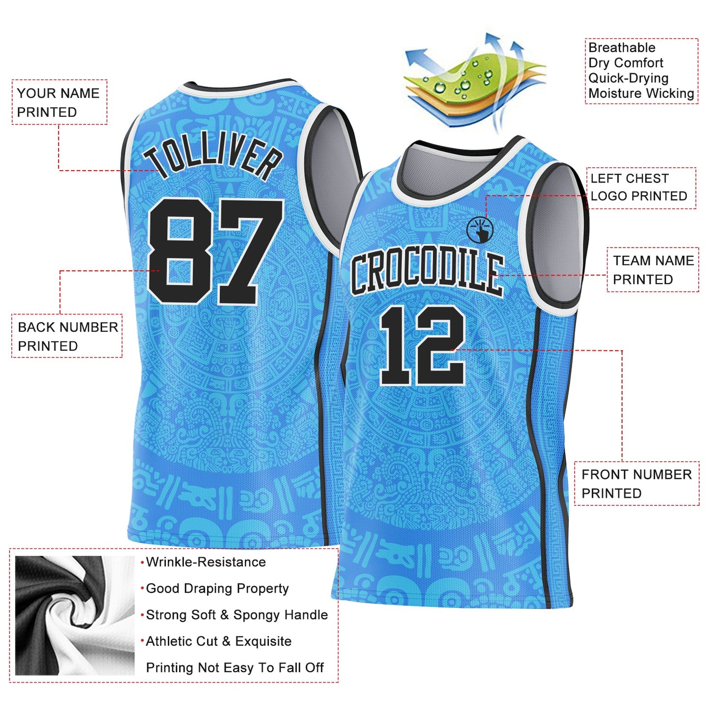 Custom Powder Blue Black-White Tribal Ethnic Aztec Sun Stone Side Panel Stripe Round Neck Sublimation Basketball Set Jersey