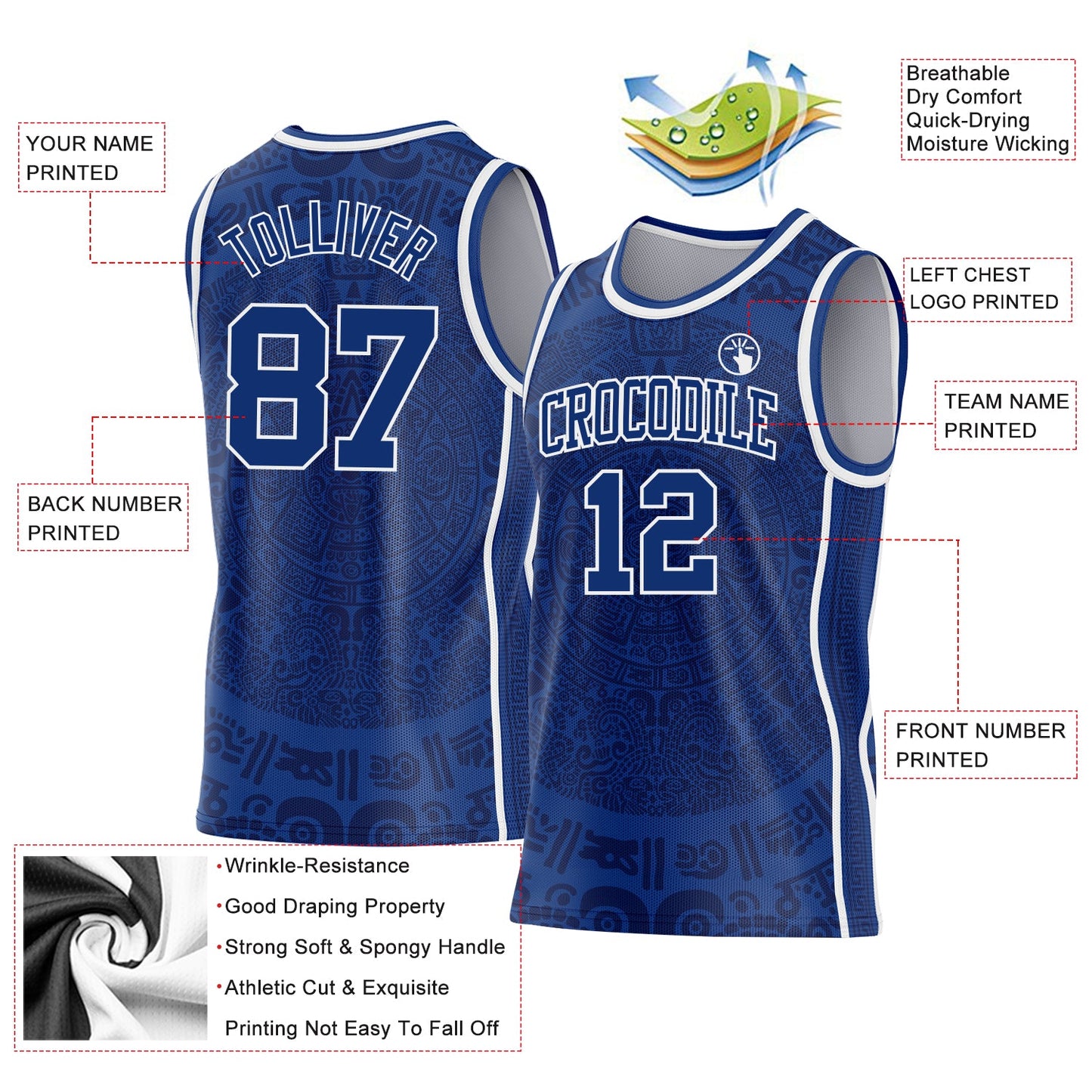 Custom Royal-White Tribal Ethnic Aztec Sun Stone Side Panel Stripe Round Neck Sublimation Basketball Set Jersey