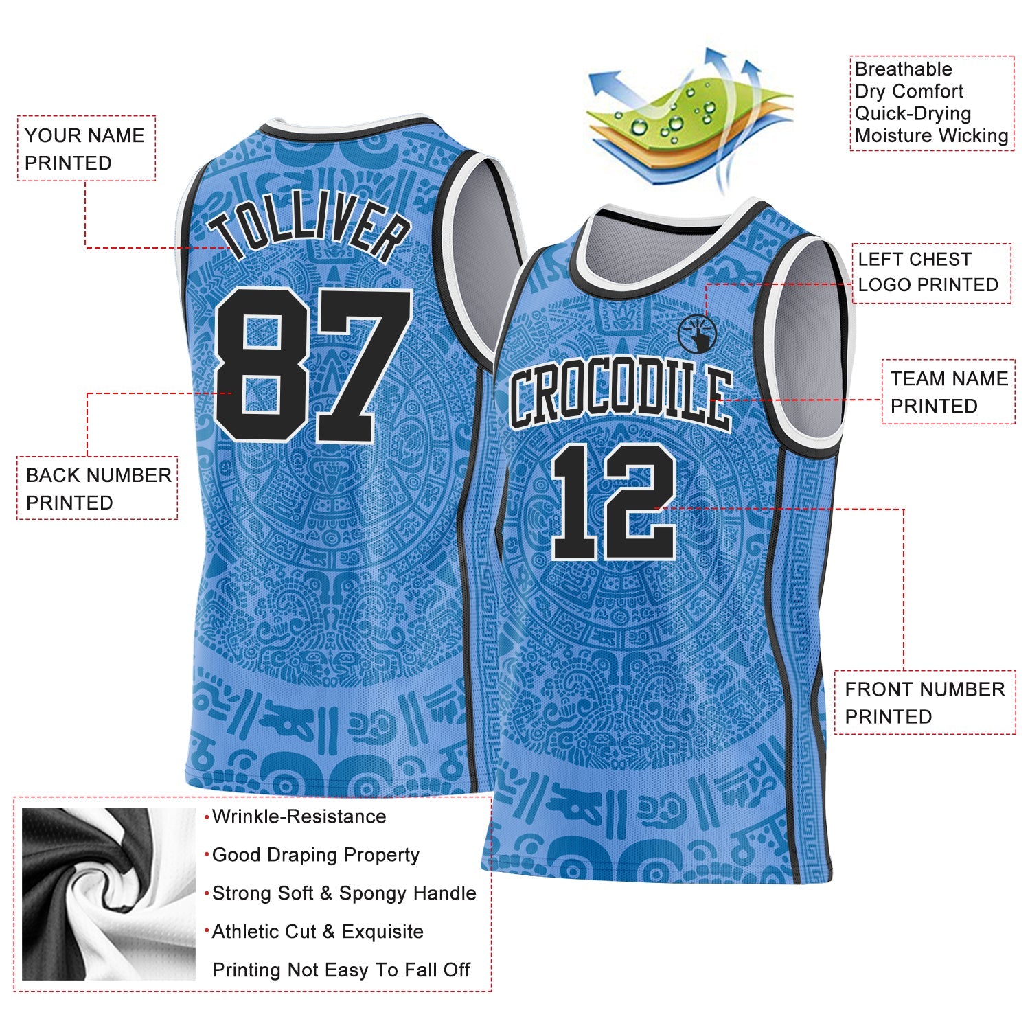 Custom Light Blue Black-White Tribal Ethnic Aztec Sun Stone Side Panel Stripe Round Neck Sublimation Basketball Set Jersey