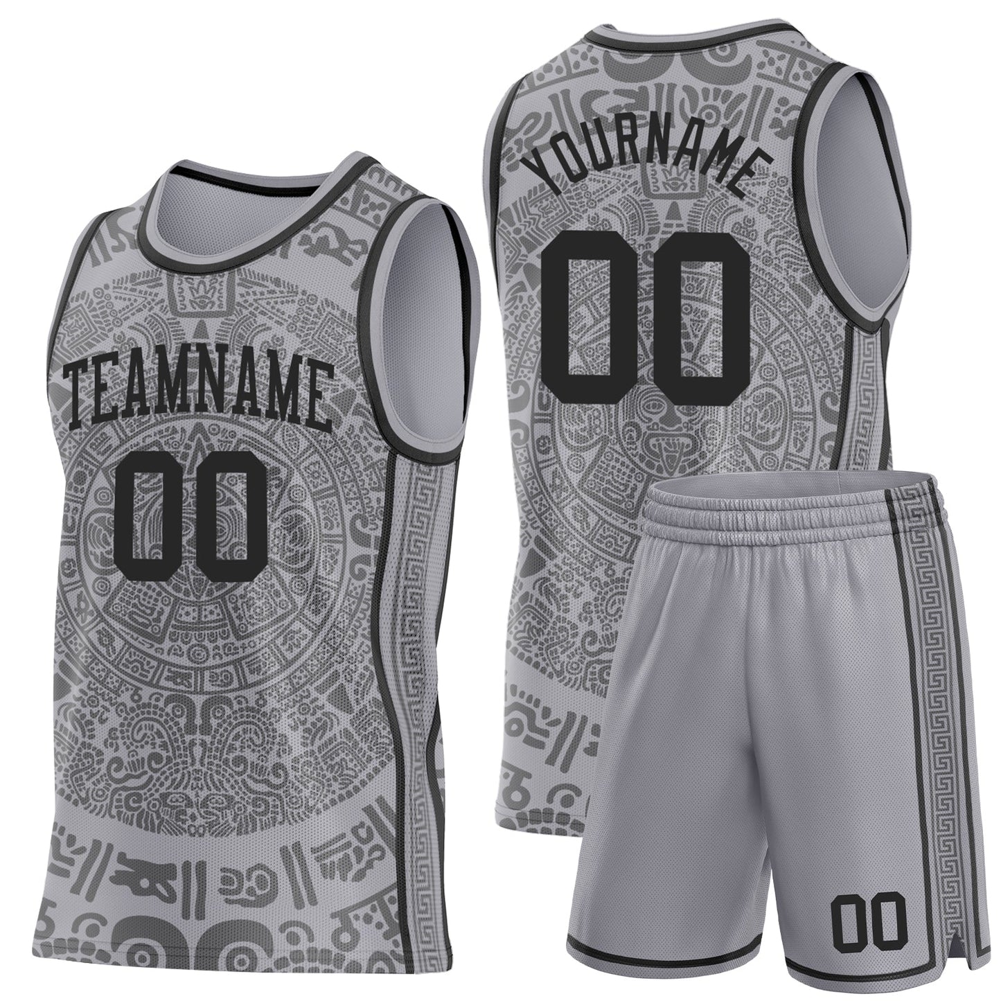 Custom Gray-Black Tribal Ethnic Aztec Sun Stone Side Panel Stripe Round Neck Sublimation Basketball Set Jersey