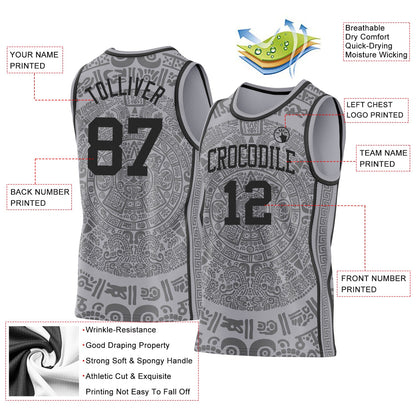 Custom Gray-Black Tribal Ethnic Aztec Sun Stone Side Panel Stripe Round Neck Sublimation Basketball Set Jersey