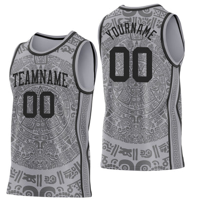 Custom Gray-Black Tribal Ethnic Aztec Sun Stone Side Panel Stripe Round Neck Sublimation Basketball Set Jersey