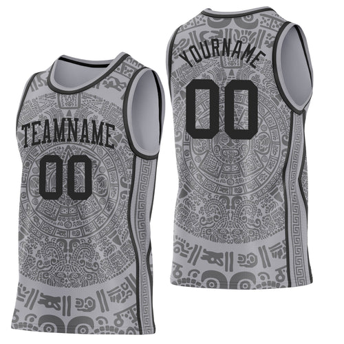 Custom Gray-Black Tribal Ethnic Aztec Sun Stone Side Panel Stripe Round Neck Sublimation Basketball Set Jersey
