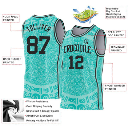 Custom Ice Blue-Black Tribal Ethnic Aztec Sun Stone Side Panel Stripe Round Neck Sublimation Basketball Set Jersey