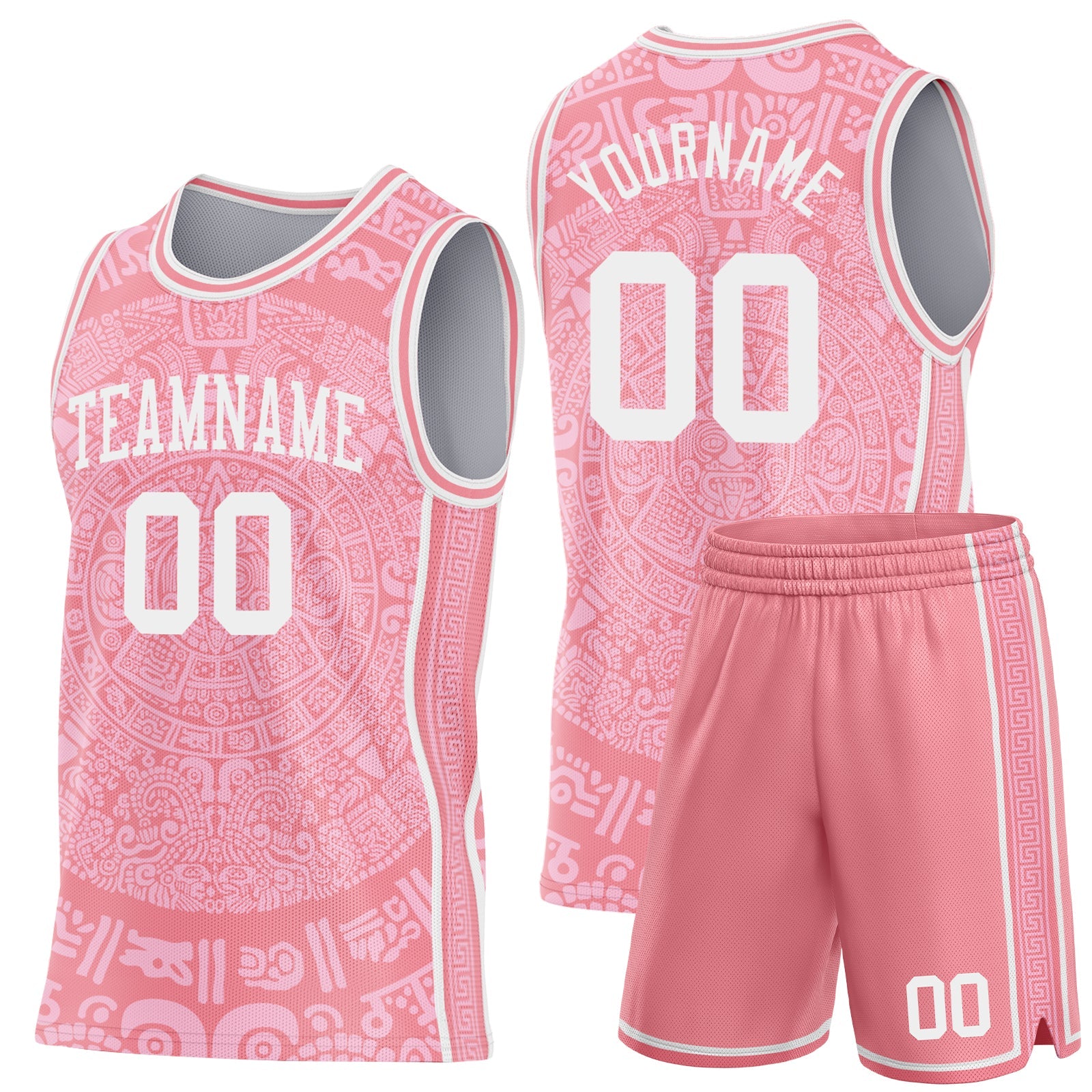 Custom Medium Pink-White Tribal Ethnic Aztec Sun Stone Side Panel Stripe Round Neck Sublimation Basketball Set Jersey