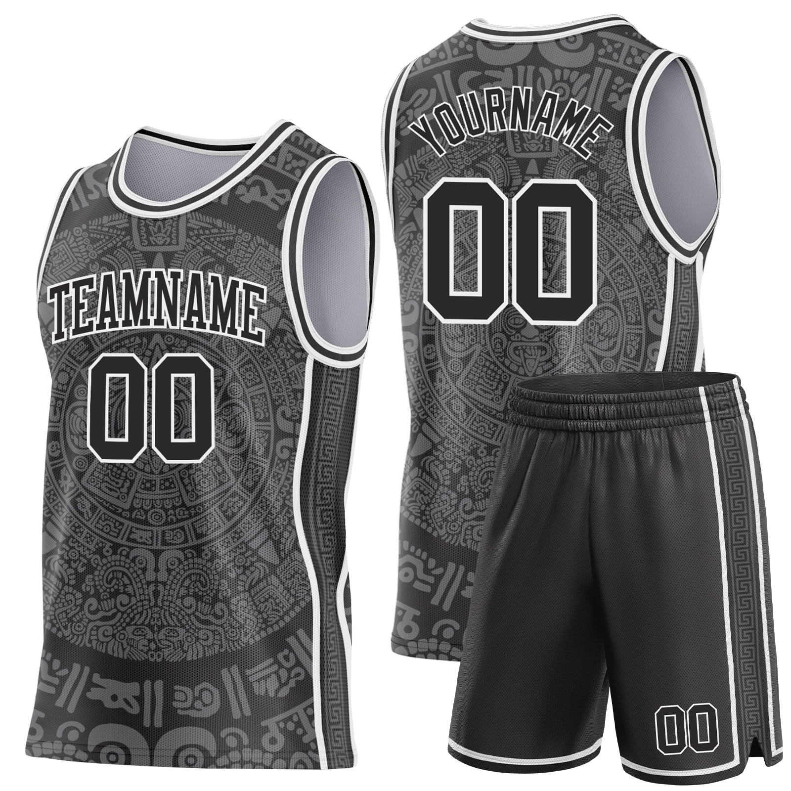 Custom Black-White Tribal Ethnic Aztec Sun Stone Side Panel Stripe Round Neck Sublimation Basketball Set Jersey
