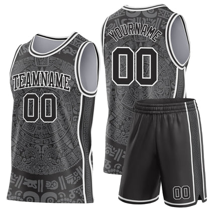 Custom Black-White Tribal Ethnic Aztec Sun Stone Side Panel Stripe Round Neck Sublimation Basketball Set Jersey