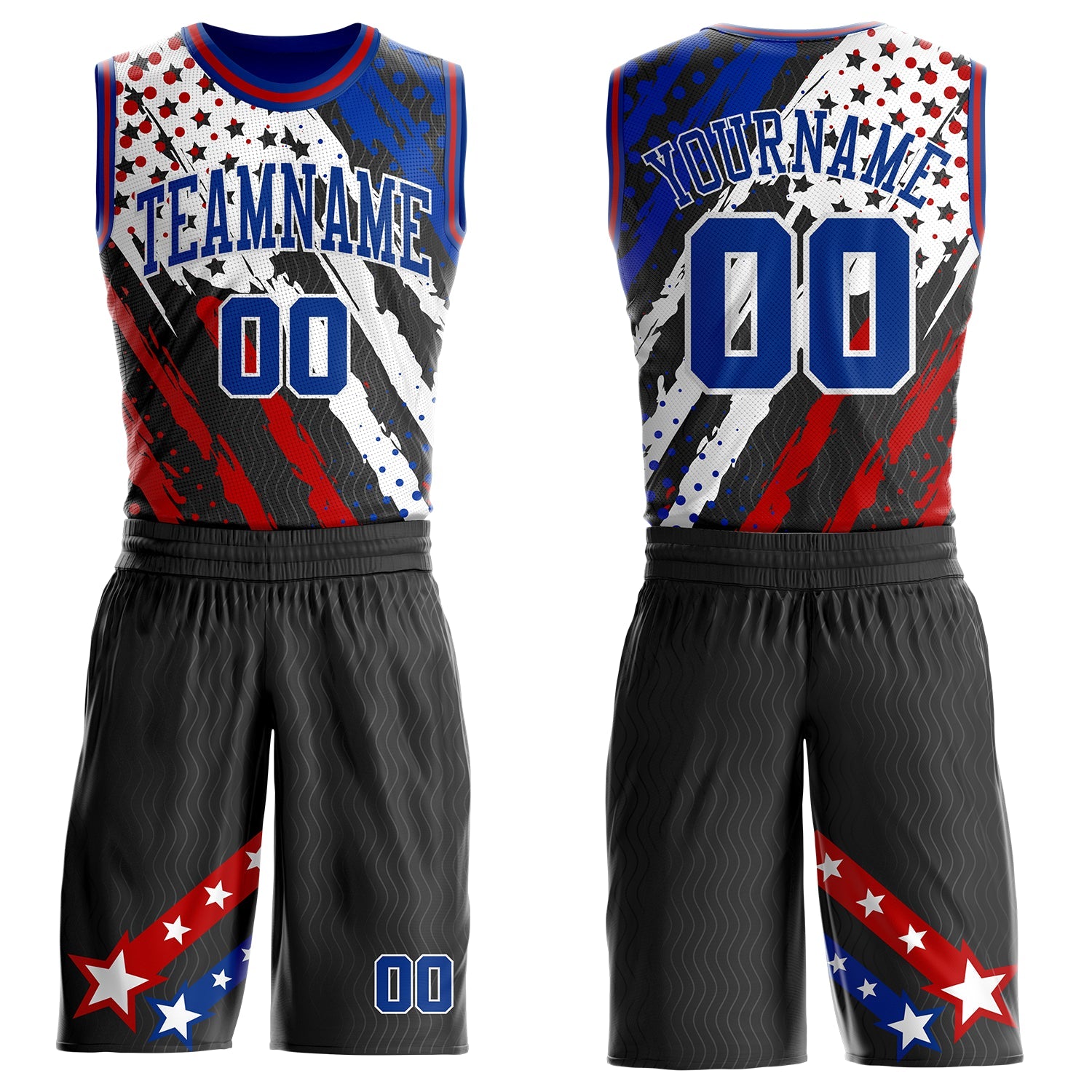 Custom Black Royal White-Red American Flag Patriotic Round Neck Sublimation Basketball Uniform Jersey