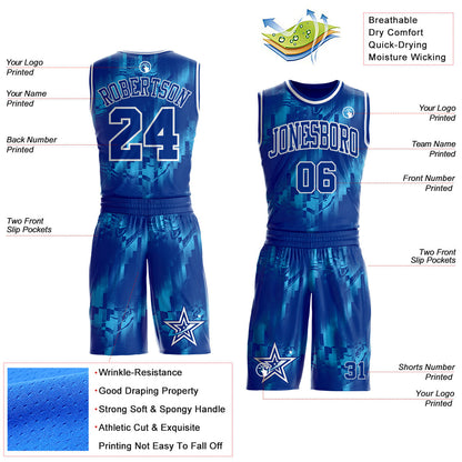Custom Blue Royal-White Star Fluid Round Neck Sublimation Basketball Uniform Jersey