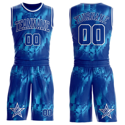 Custom Blue Royal-White Star Fluid Round Neck Sublimation Basketball Uniform Jersey