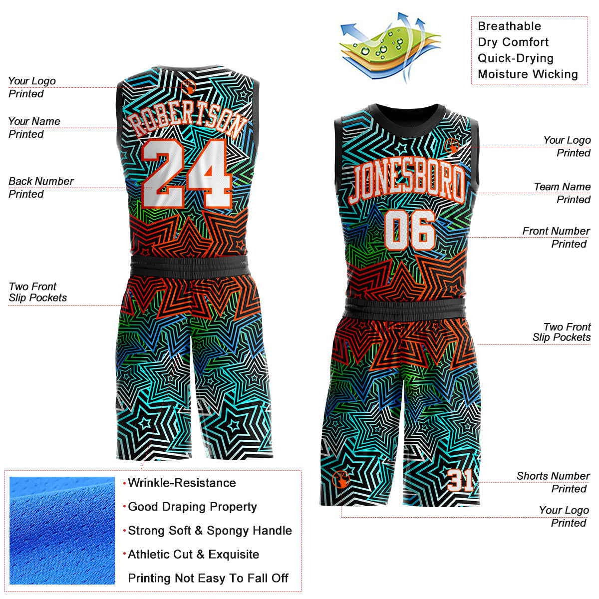 Custom Black White Blue Green-Orange Geometric Starburst Gradient Round Neck Sublimation Basketball Uniform Jersey