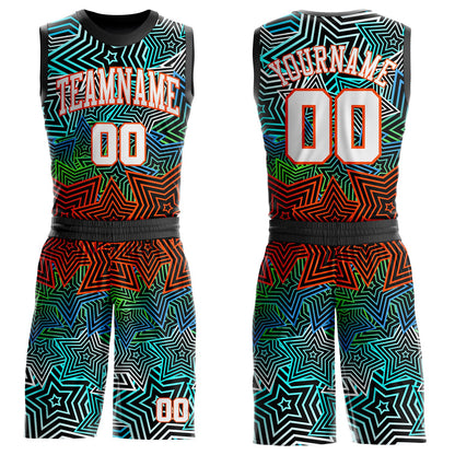 Custom Black White Blue Green-Orange Geometric Starburst Gradient Round Neck Sublimation Basketball Uniform Jersey