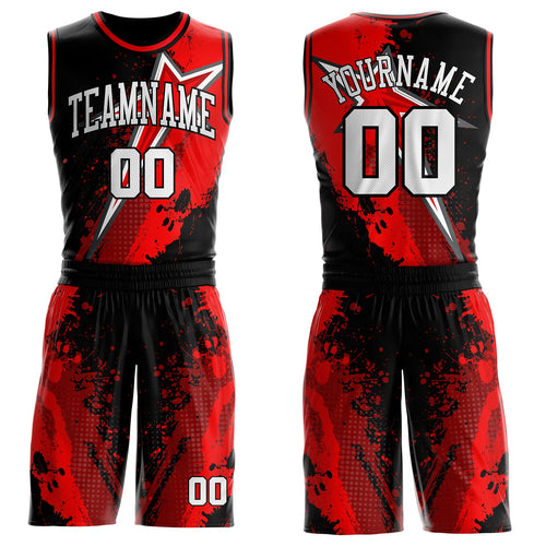 Custom Black White-Red Splatter Star Round Neck Sublimation Basketball Uniform Jersey