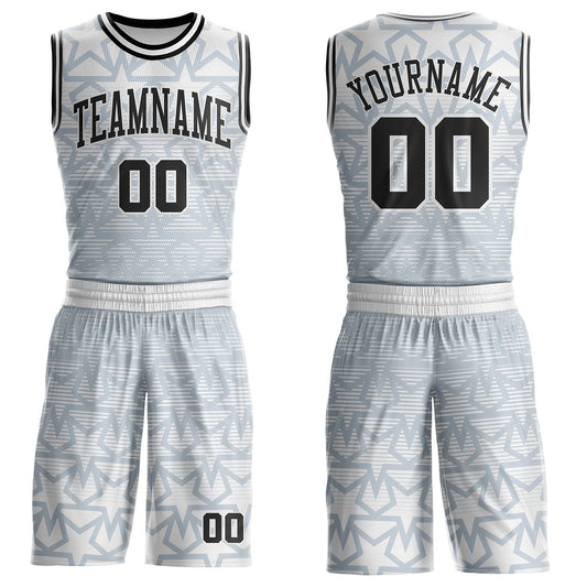 Custom White Black-Silver Geometric Star Gradient Round Neck Sublimation Basketball Uniform Jersey