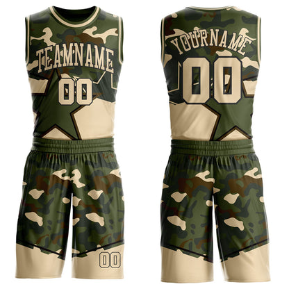 Custom Camo City Cream Black-Olive Star Round Neck Sublimation Basketball Uniform Jersey