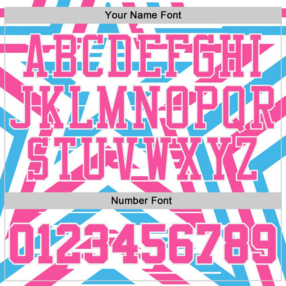 Custom White Pink-Sky Blue Geometric Stripe Star Color Block Round Neck Sublimation Basketball Uniform Jersey