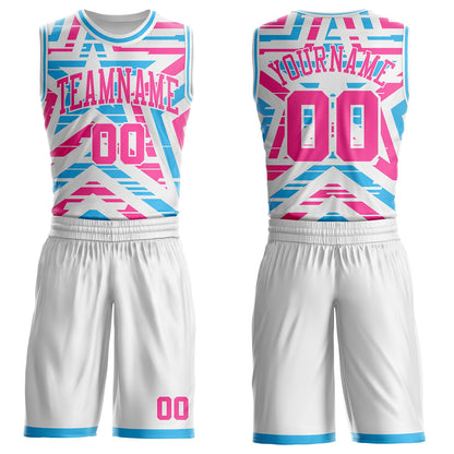 Custom White Pink-Sky Blue Geometric Stripe Star Color Block Round Neck Sublimation Basketball Uniform Jersey