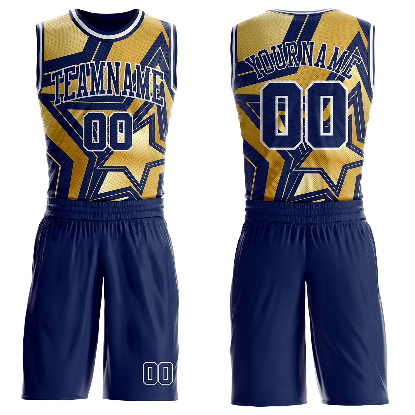 Custom Navy Old Gold-White Geometric Star Texture Round Neck Sublimation Basketball Uniform Jersey
