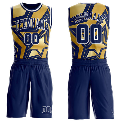 Custom Navy Old Gold-White Geometric Star Texture Round Neck Sublimation Basketball Uniform Jersey