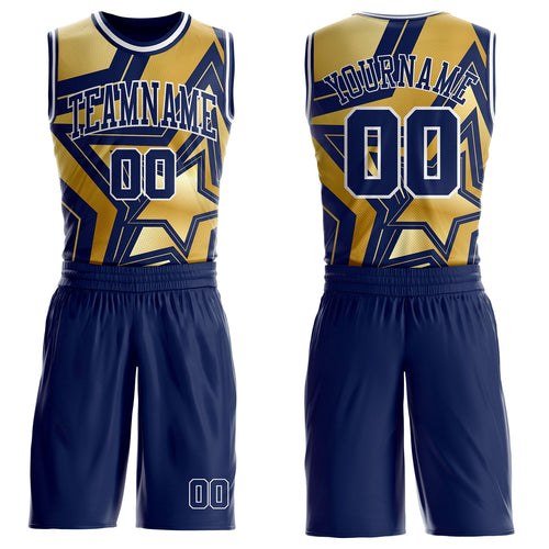 Custom Navy Old Gold-White Geometric Star Texture Round Neck Sublimation Basketball Uniform Jersey