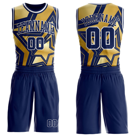 Custom Navy Old Gold-White Geometric Star Texture Round Neck Sublimation Basketball Uniform Jersey