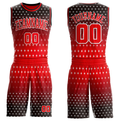 Custom Black Fire Red-White Star Gradient Round Neck Sublimation Basketball Uniform Jersey