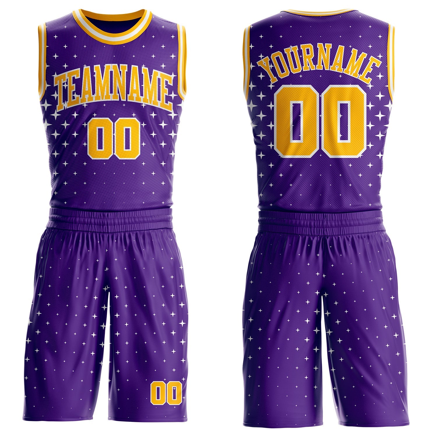 Custom Purple Gold-White Star Starry Speckle Texture Round Neck Sublimation Basketball Uniform Jersey