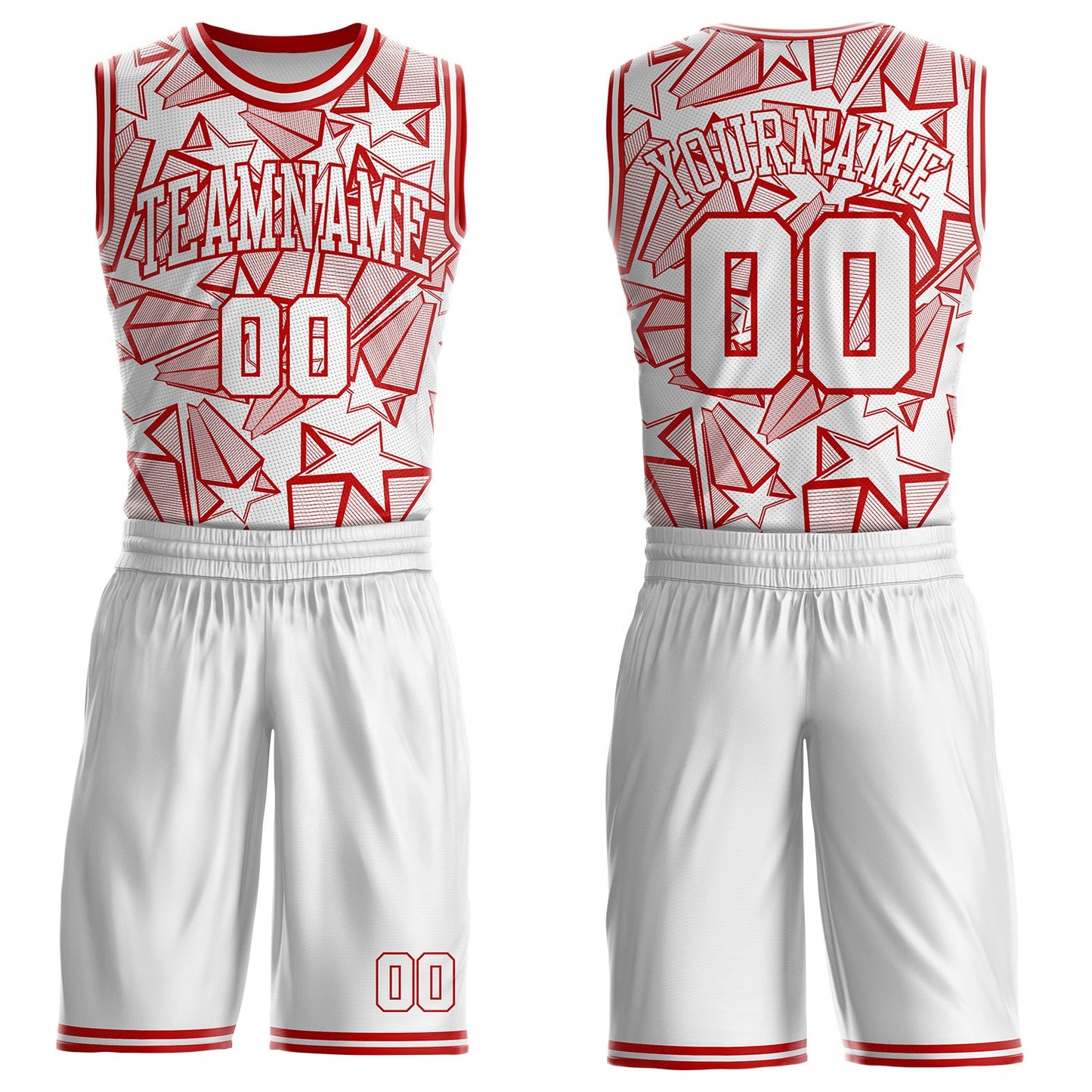 Custom White-Red Geometric Star Texture Round Neck Sublimation Basketball Uniform Jersey