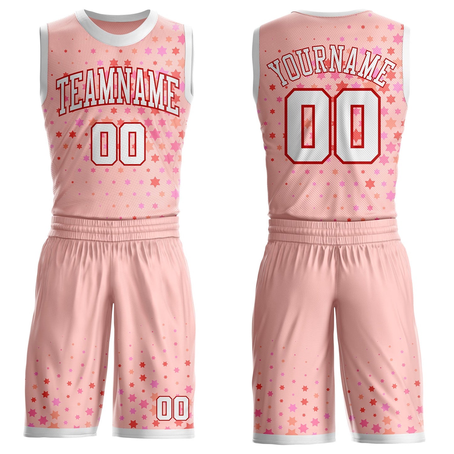 Custom Pink White-Red Star Starry Speckle Round Neck Sublimation Basketball Uniform Jersey