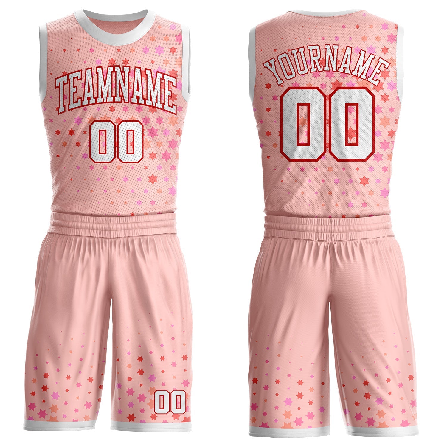 Custom Pink White-Red Star Starry Speckle Round Neck Sublimation Basketball Uniform Jersey
