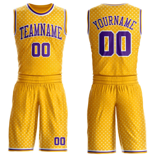 Custom Gold Purple-White Star Starry Speckle Round Neck Sublimation Basketball Uniform Jersey