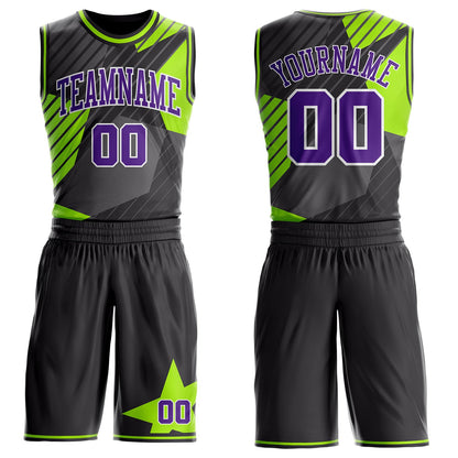 Custom Black Purple White-Neon Green Stripe Star Color Block Round Neck Sublimation Basketball Uniform Jersey