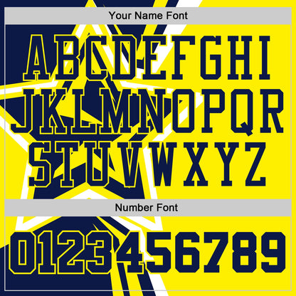 Custom Navy-Light Yellow Geometric Stripe Star Color Block Round Neck Sublimation Basketball Uniform Jersey