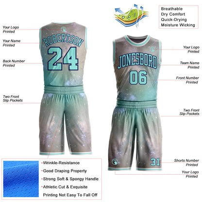 Custom Gray Ice Blue Navy-White Nebula Starry Galaxy Space Round Neck Sublimation Basketball Uniform Jersey