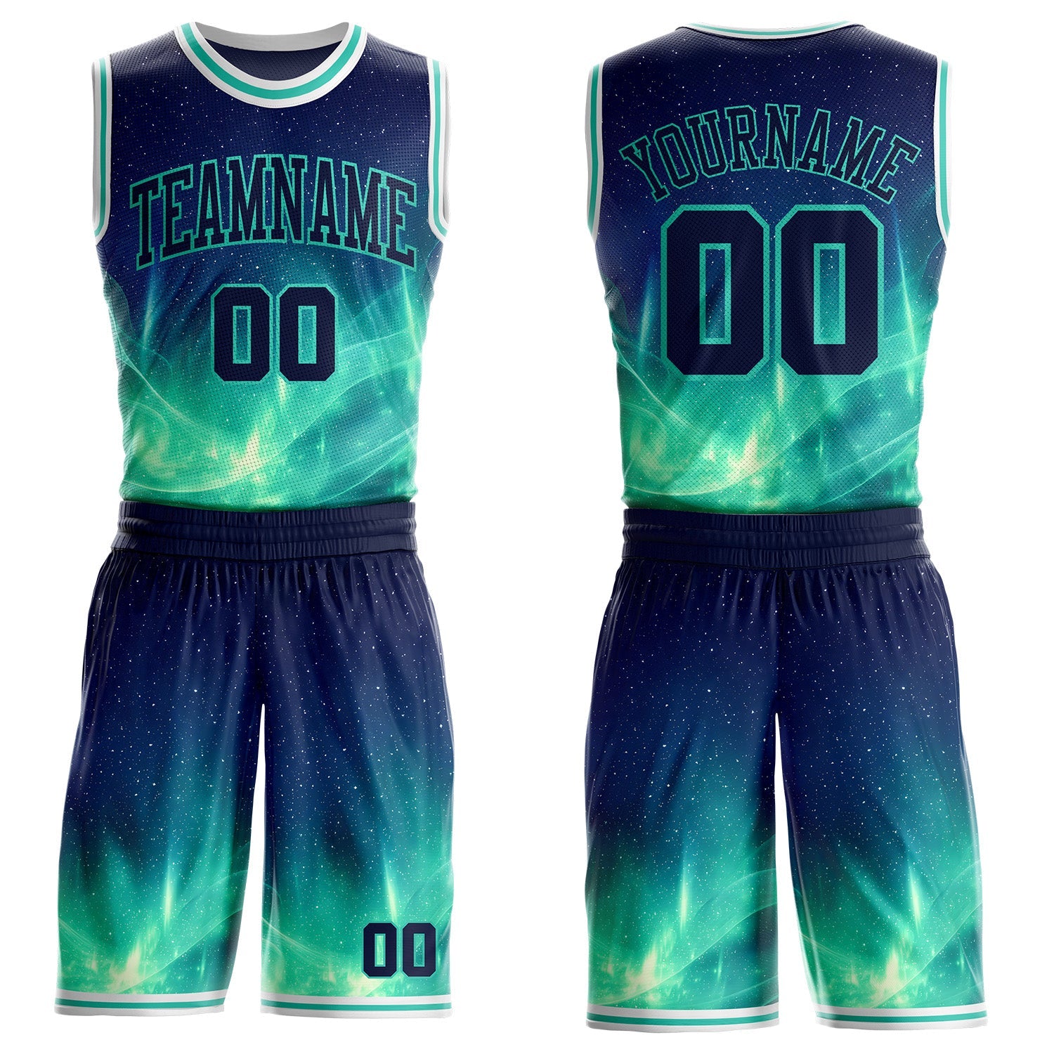 Custom Blue Green-White Nebula Starry Aurora Galaxy Space Round Neck Sublimation Basketball Uniform Jersey