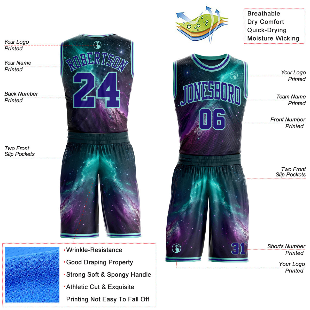 Custom Blue Dark Purple-Ice Blue Nebula Starry Aurora Galaxy Space Round Neck Sublimation Basketball Uniform Jersey