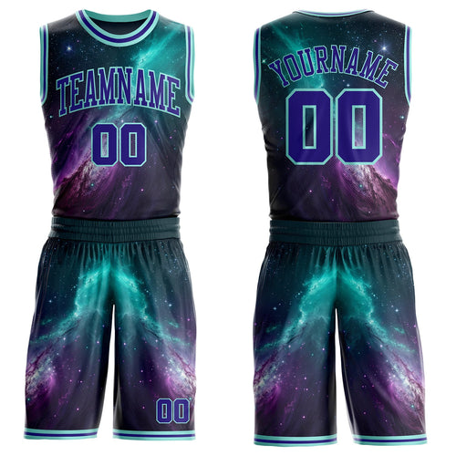 Custom Blue Dark Purple-Ice Blue Nebula Starry Aurora Galaxy Space Round Neck Sublimation Basketball Uniform Jersey