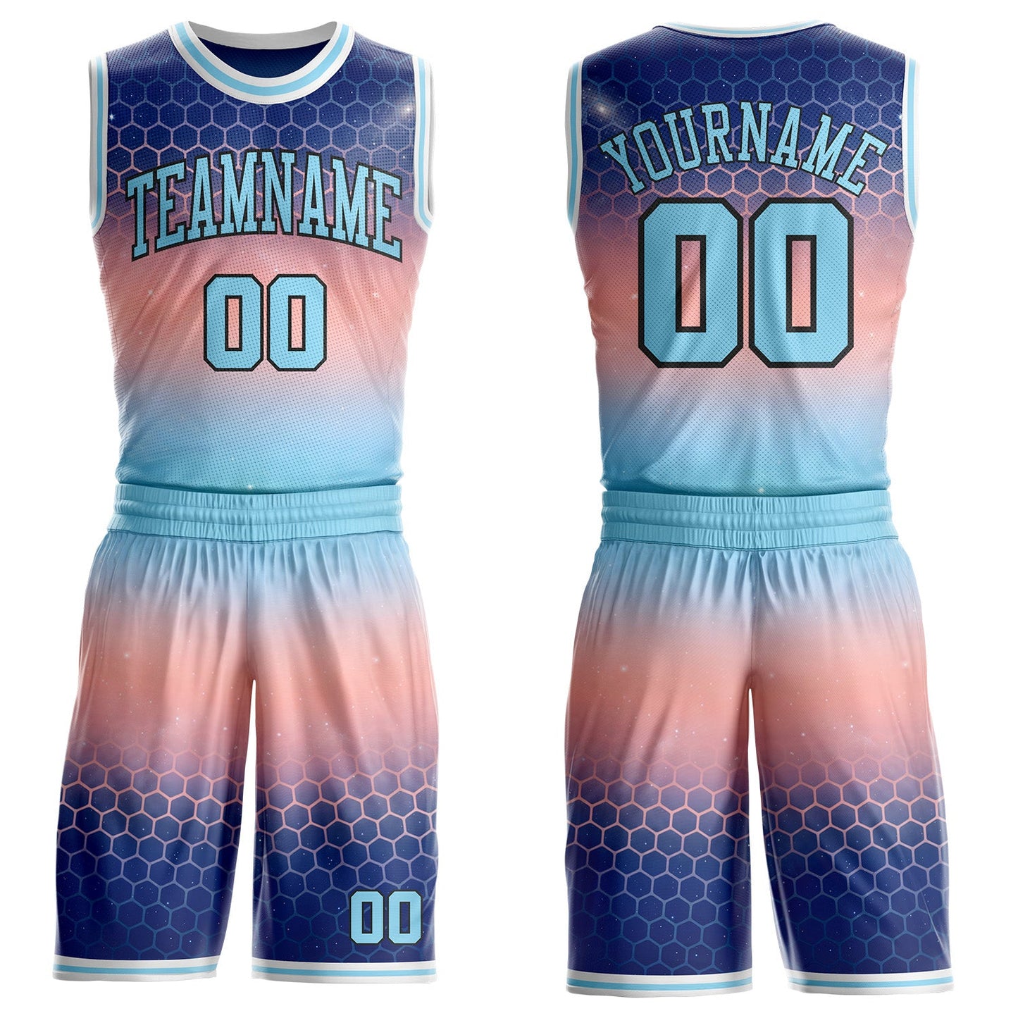 Custom Blue Light Pink Black-White Nebula Starry Galaxy Space Geometric Honeycomb Round Neck Sublimation Basketball Uniform Jersey