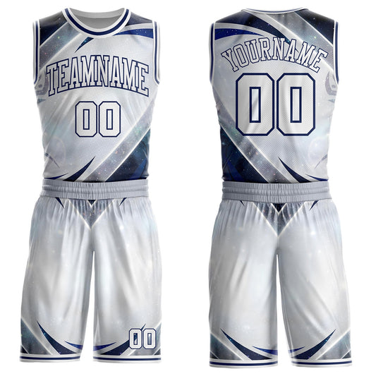 Custom White Gray-Navy Nebula Starry Galaxy Space Round Neck Sublimation Basketball Uniform Jersey