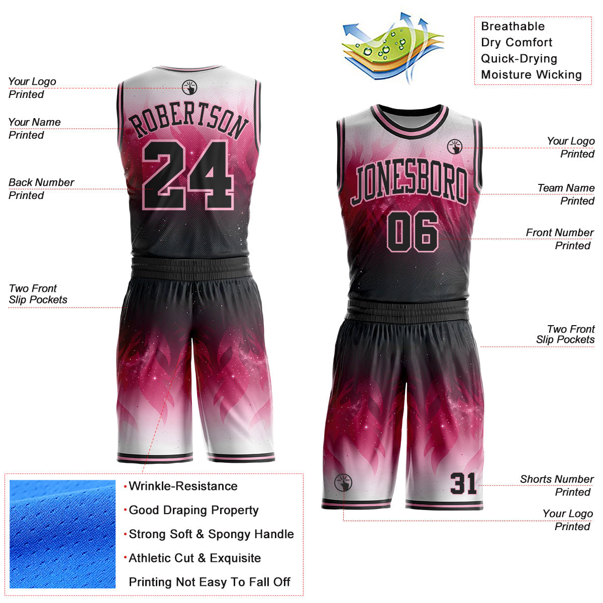 Custom Black-Light Pink Nebula Starry Galaxy Space Round Neck Sublimation Basketball Uniform Jersey