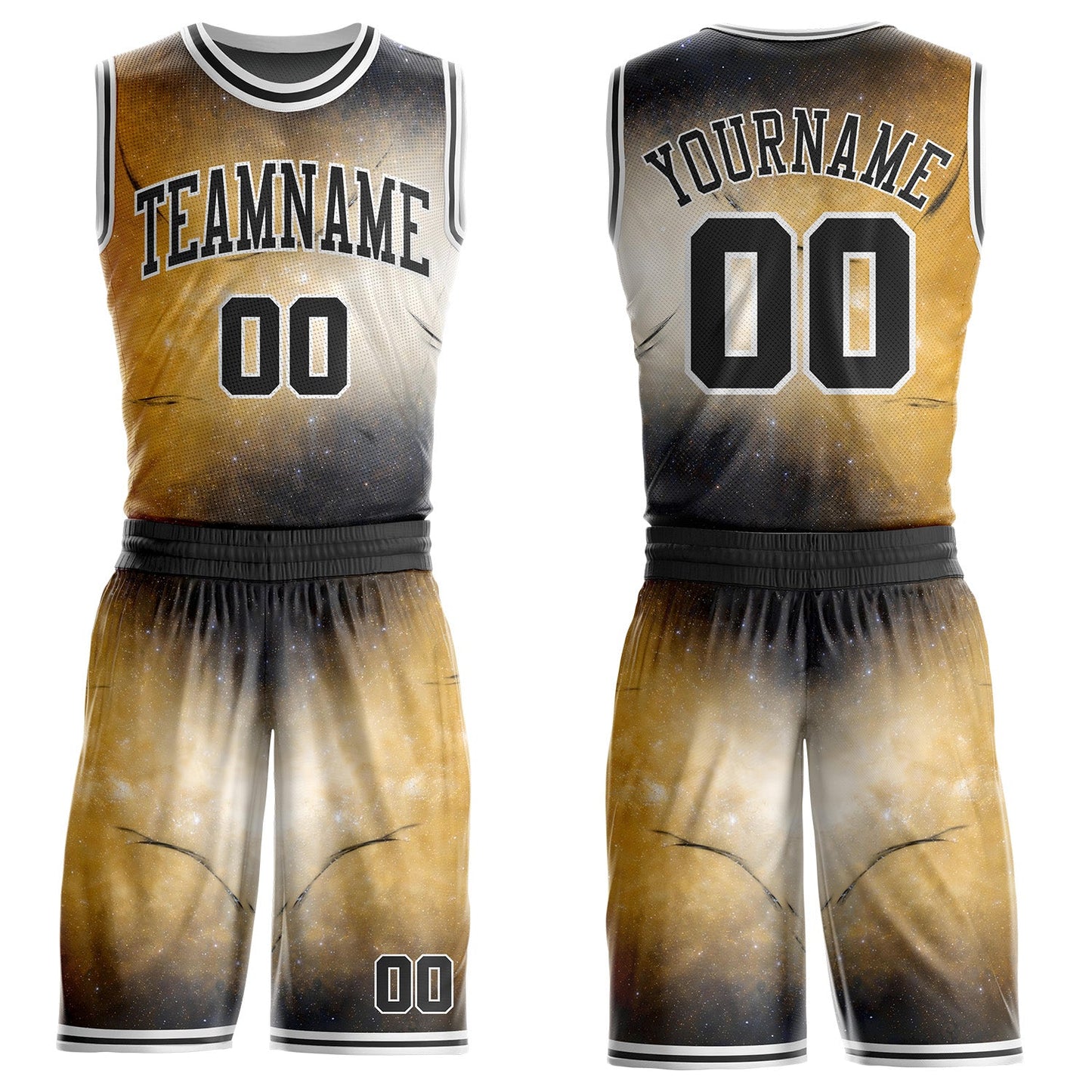 Custom Yellow Black-White Nebula Starry Galaxy Space Round Neck Sublimation Basketball Uniform Jersey