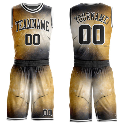 Custom Yellow Black-White Nebula Starry Galaxy Space Round Neck Sublimation Basketball Uniform Jersey
