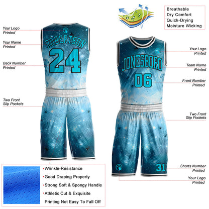 Custom Blue Lakes Blue Black-White Nebula Starry Galaxy Space Round Neck Sublimation Basketball Uniform Jersey