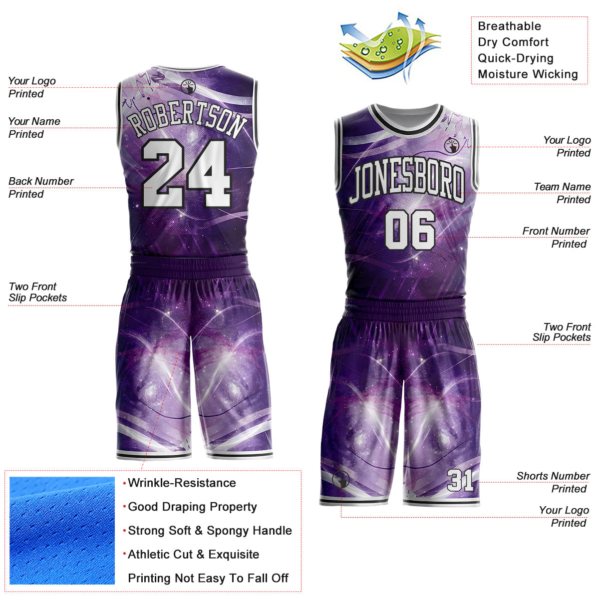 Custom Purple White-Black Nebula Starry Aurora Galaxy Space Round Neck Sublimation Basketball Uniform Jersey