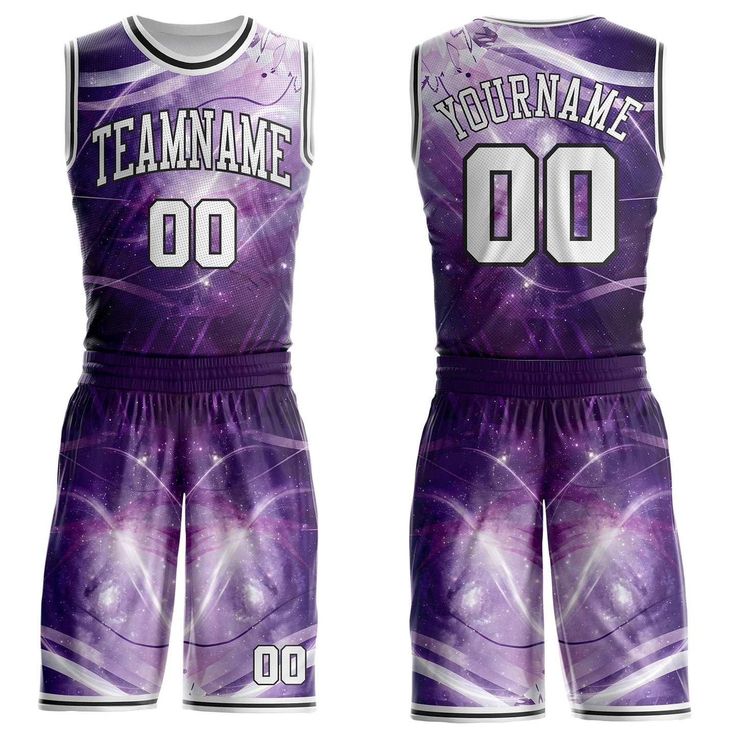 Custom Purple White-Black Nebula Starry Aurora Galaxy Space Round Neck Sublimation Basketball Uniform Jersey