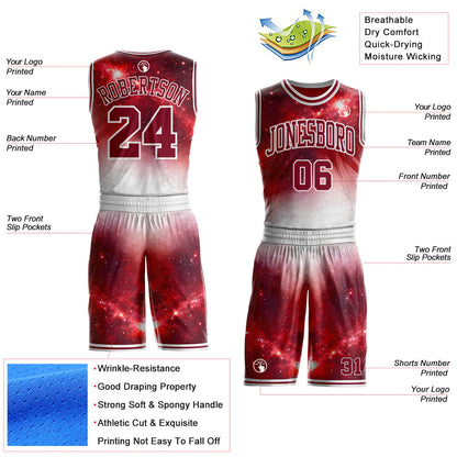 Custom Crimson-White Nebula Starry Galaxy Space Round Neck Sublimation Basketball Uniform Jersey