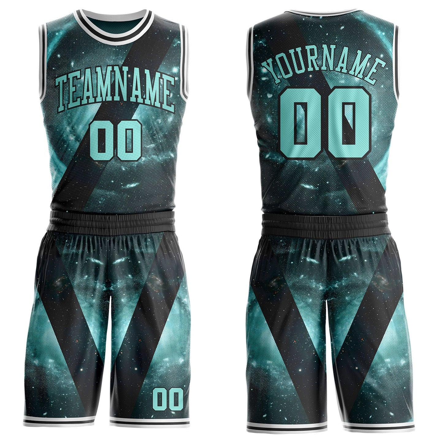 Custom Black Ice Blue-White Nebula Starry Galaxy Space Round Neck Sublimation Basketball Uniform Jersey