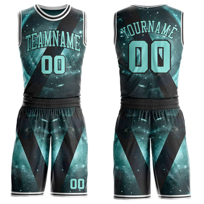 Custom Black Ice Blue-White Nebula Starry Galaxy Space Round Neck Sublimation Basketball Uniform Jersey