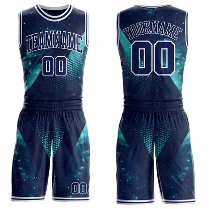 Custom Blue Navy-White Nebula Starry Galaxy Space Round Neck Sublimation Basketball Uniform Jersey